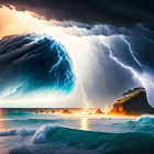 Dramatic seascape with towering cloud, lightning, and crashing waves