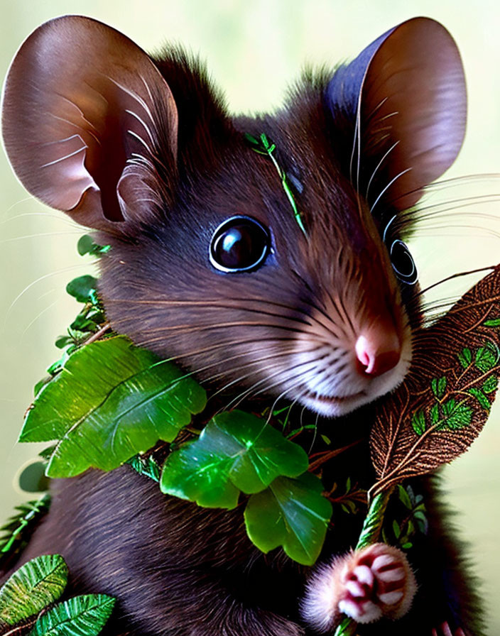 Close-up of mouse with glossy eyes among green leaves - vibrant wildlife portrayal