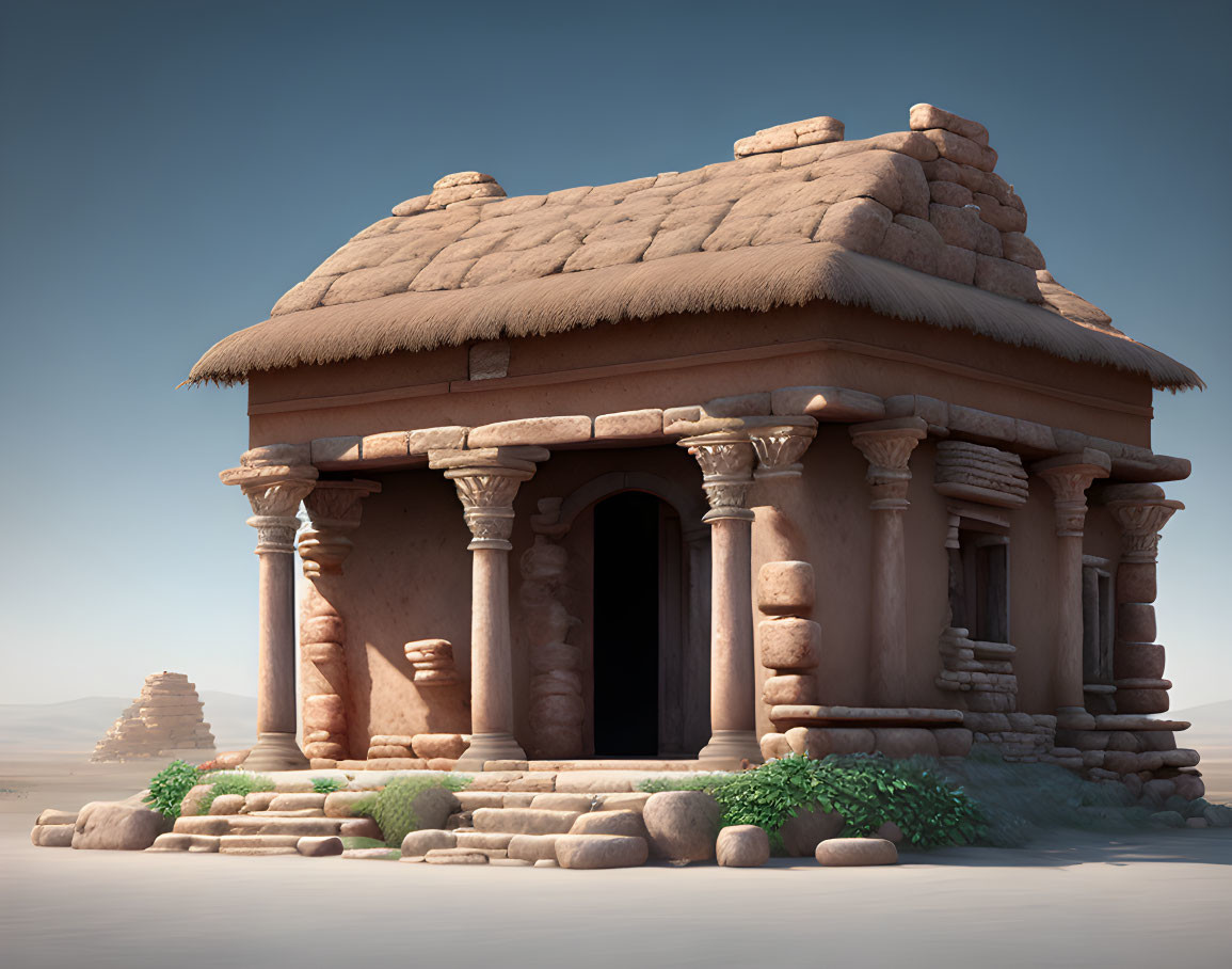 Traditional Clay House with Thatched Roof in Desert Setting