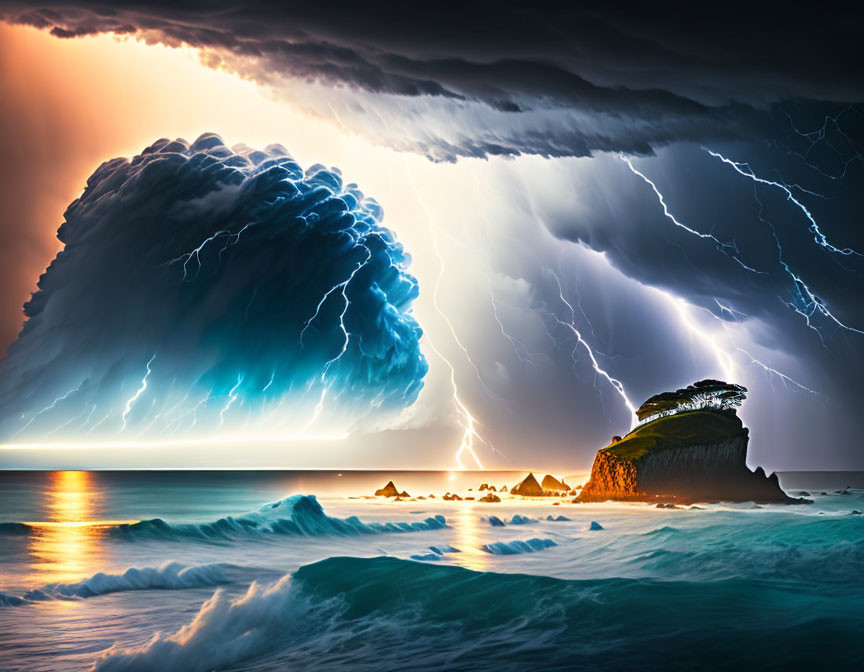 Dramatic seascape with towering cloud, lightning, and crashing waves