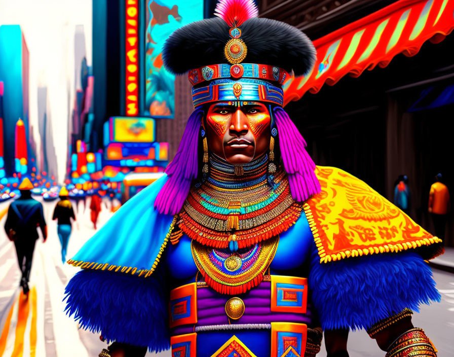 Colorful Aztec warrior costume in vibrant digital art