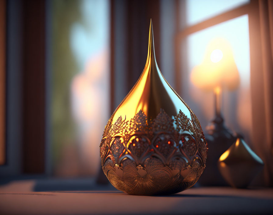 Golden Teardrop-Shaped Decor with Ornate Patterns in Warm Light