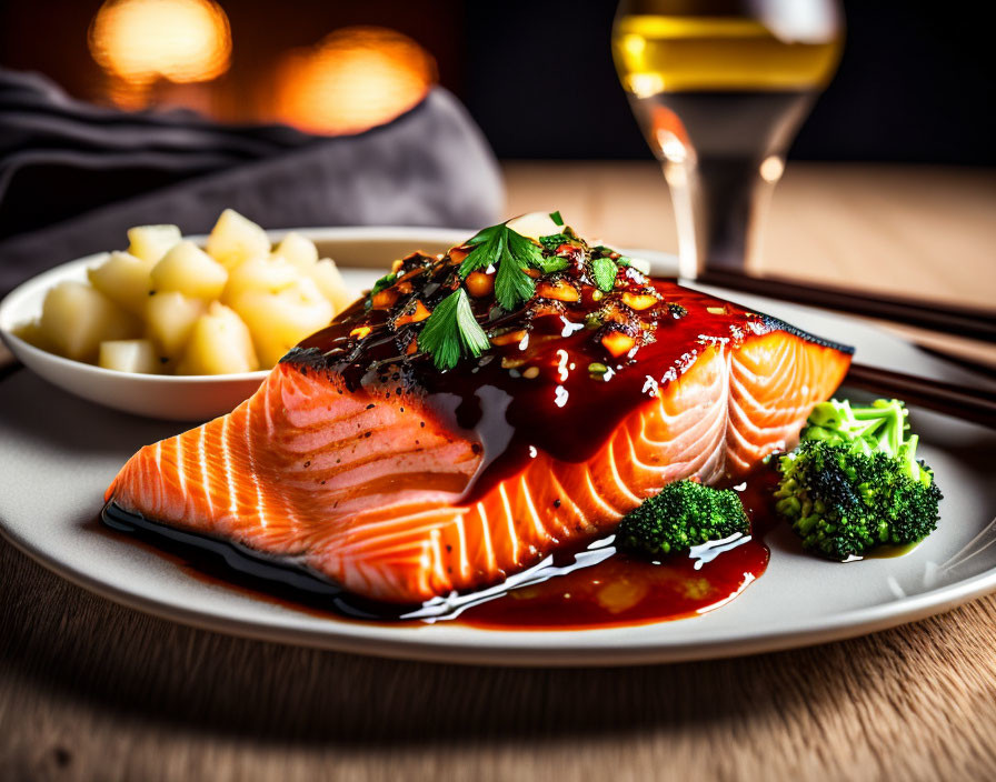 Delicious Salmon Fillet with Glaze, Broccoli, Potatoes, and White Wine