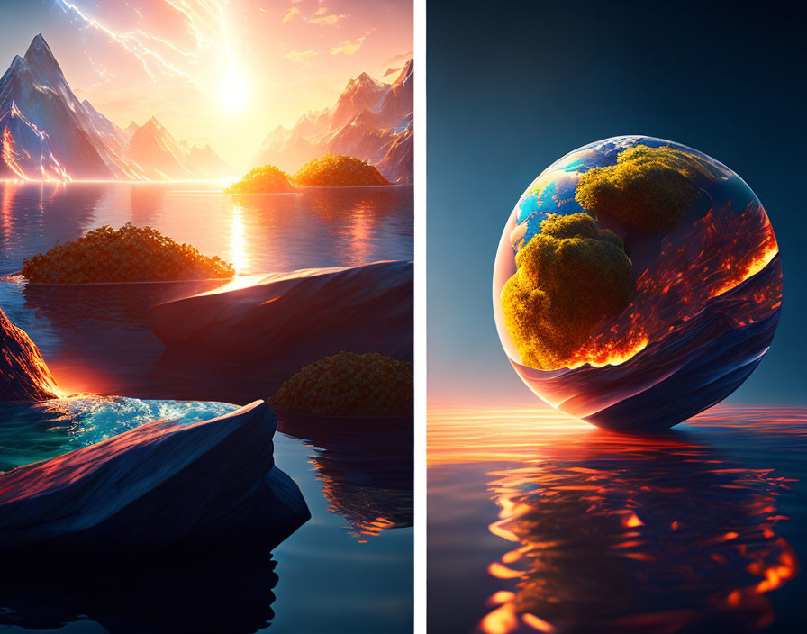 Split Image: Mountain Sunrise & Fiery Globe Over Water