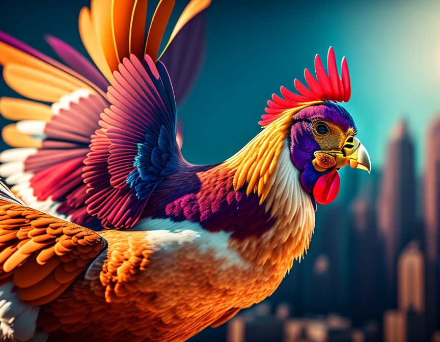 Colorful Stylized Rooster Against Cityscape Background