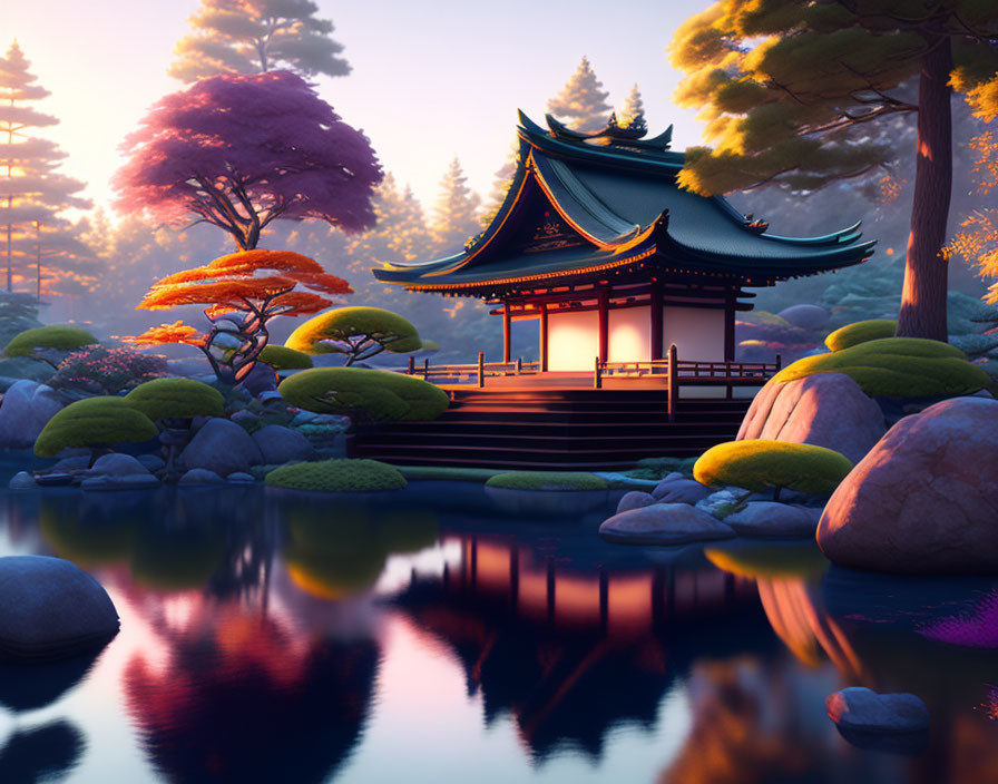 Tranquil Japanese garden with pavilion, pond, trees, and rocks at dusk