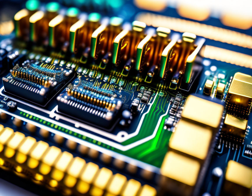 Detailed electronic circuit board with capacitors, microchips, and gold connector.