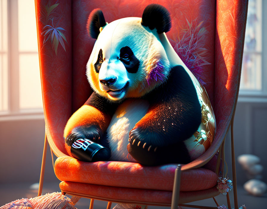 Realistic CGI panda in armchair with boxing gloves in sunlit room