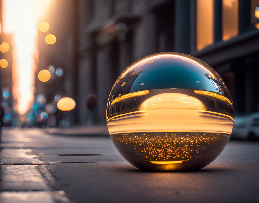 Crystal Ball Reflecting Urban Street at Sunset