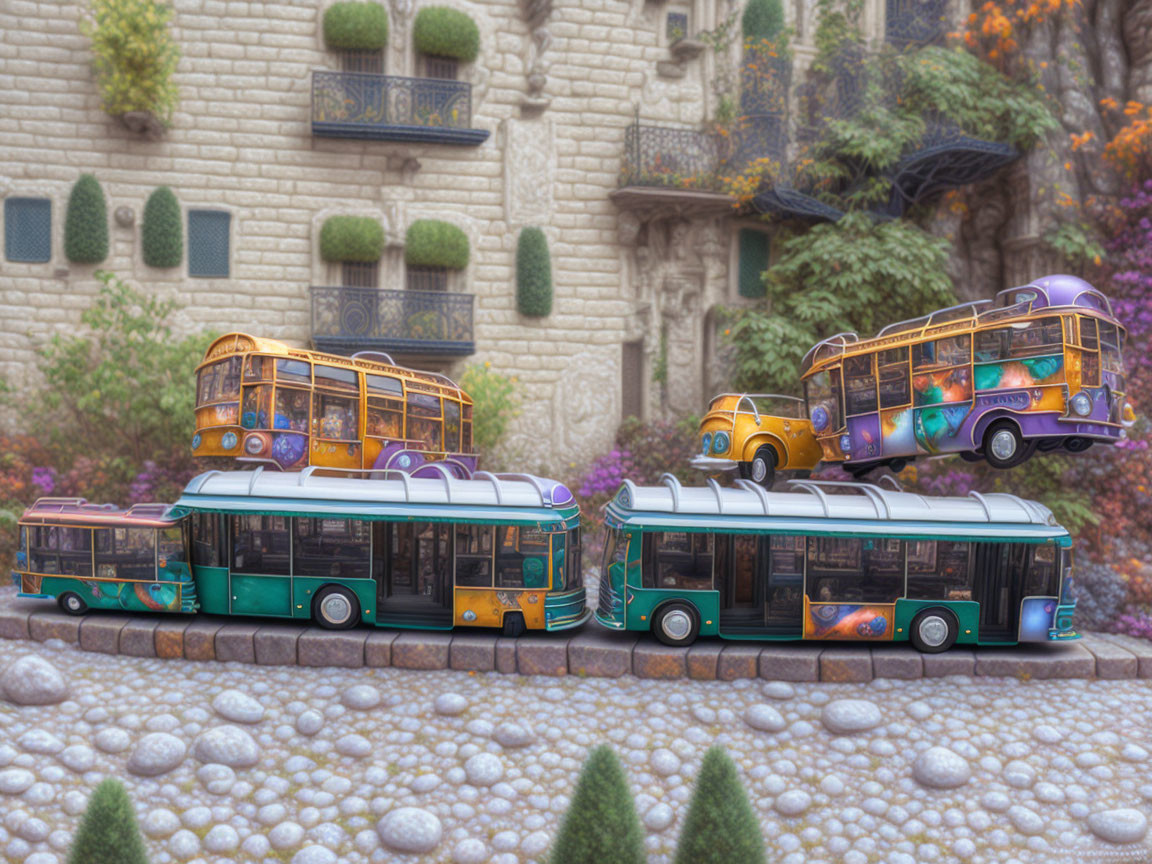 Colorful Miniature Buses by Stone Building with Autumn Foliage