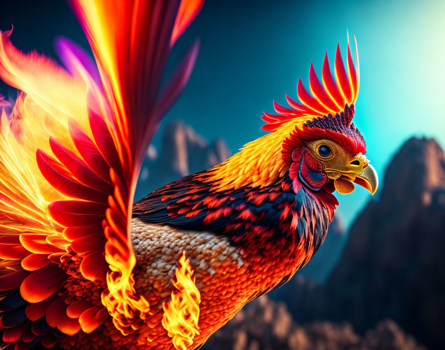 Colorful digital art: Rooster with fiery feathers against teal sky