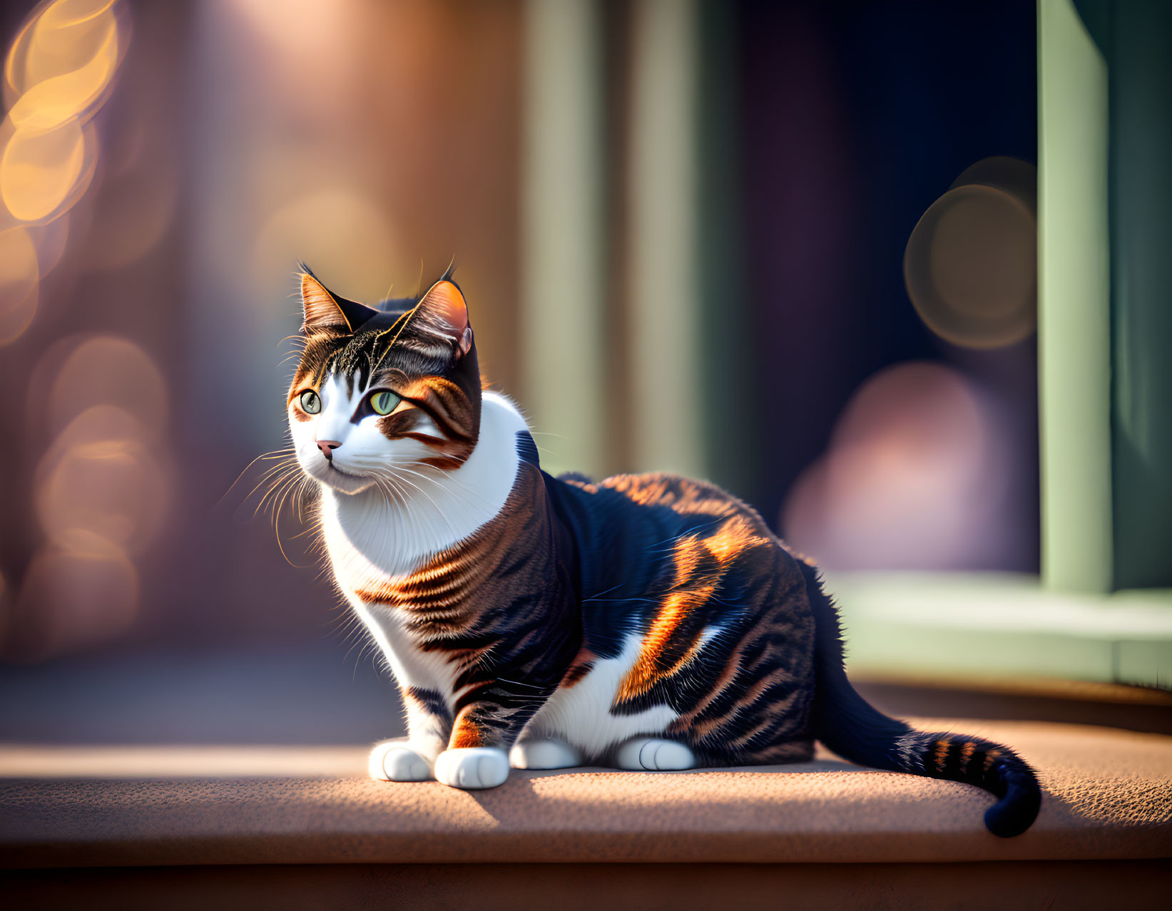 Striped domestic cat basking in warm sunlight on ledge