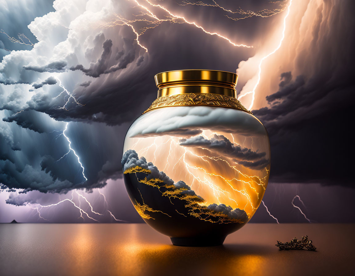 Decorative vase with stormy cloudscape design and lightning strikes