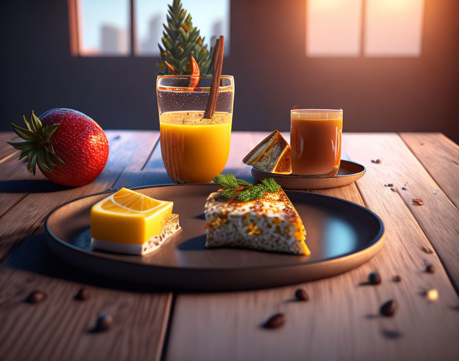 Serene Breakfast Scene with Orange Juice, Coffee, Fruits, and Omelet