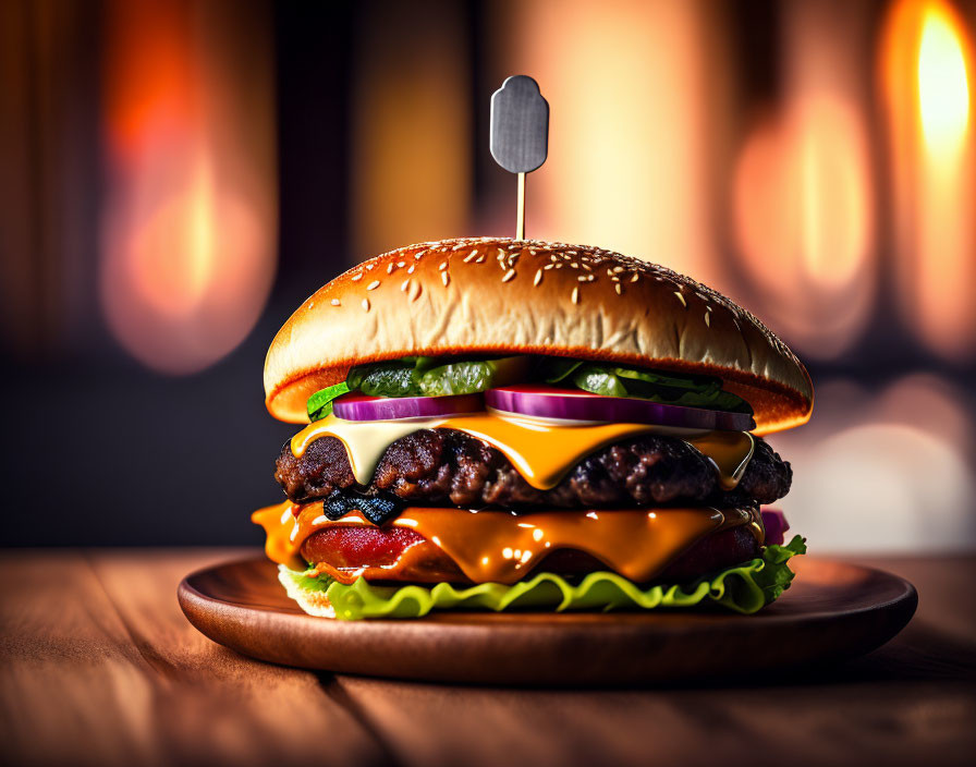 Double Cheeseburger with Lettuce, Tomato, Onions, and Sauce on Wooden Plate