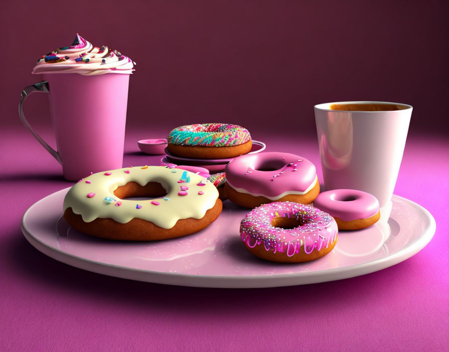 Vibrant sweet treats on purple background: cupcake, doughnuts, coffee