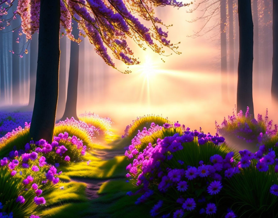 Tranquil forest path with purple flowers and cherry blossoms at sunrise