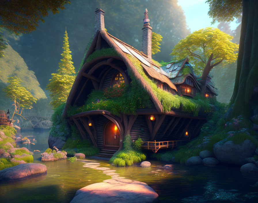 Thatched Roof Cottage in Sunlit Forest by Serene River