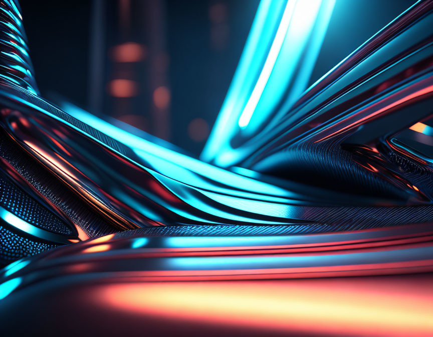 Metallic surfaces with blue and orange neon light reflections in abstract image