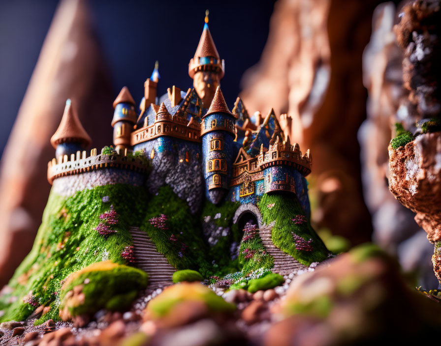 Miniature fantasy castle with towers and turrets amidst rock formations and dramatic lighting