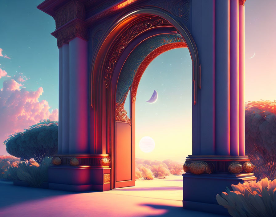 Ornate archway leading to surreal landscape with crescent moon and twilight sky