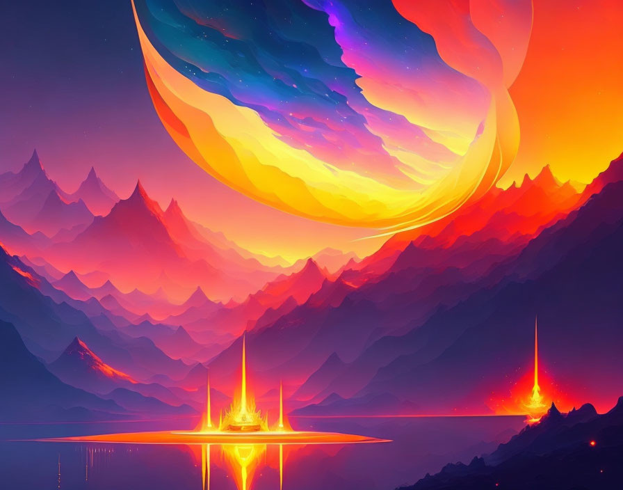 Fantasy landscape with neon-lit mountains and colorful nebula