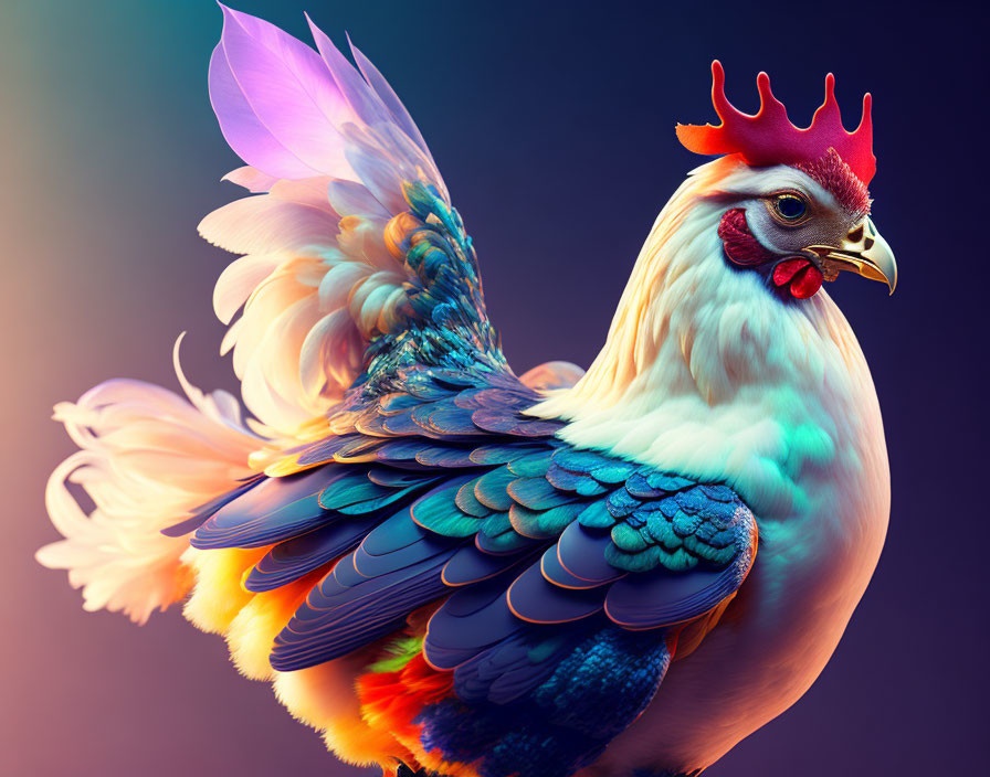 Vibrant multicolored chicken art on gradient background