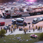 Miniature night scene of multi-vehicle traffic accident with emergency response and overturned trucks.