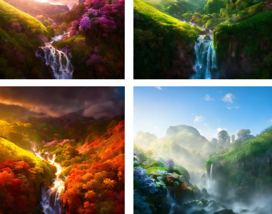 Four Vibrant Waterfall Landscapes in Different Seasons