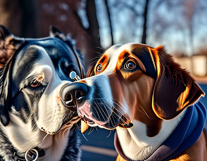 Two dogs in warm light: black and white with flopped ear, brown and white with collar tag