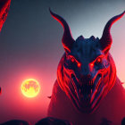 Red Dragon with Glowing Eyes and Horns in Night Sky with Full Moon