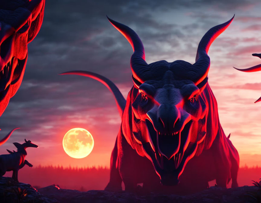 Red Dragon with Glowing Eyes and Horns in Night Sky with Full Moon