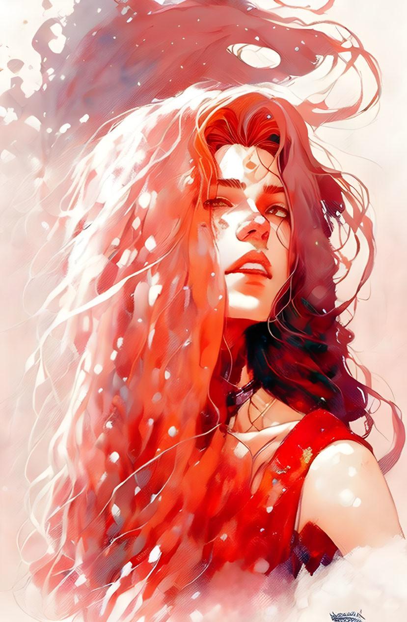 Vivid artistic portrayal of woman with flowing red hair and dress