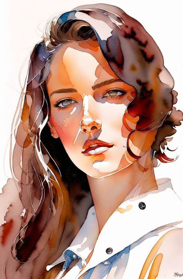 Colorful Watercolor Portrait of Woman with Expressive Eyes