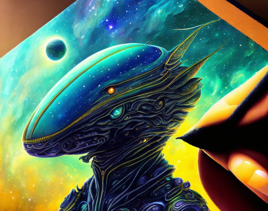 Blue Starry-Skinned Alien with Golden Eyes and Cosmic Background