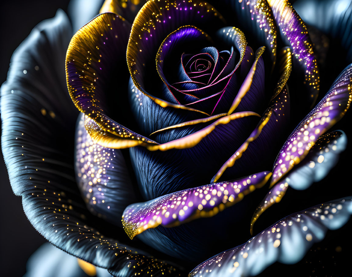 Digitally-Enhanced Deep Blue Rose with Gold Accents and Sparkling Droplets