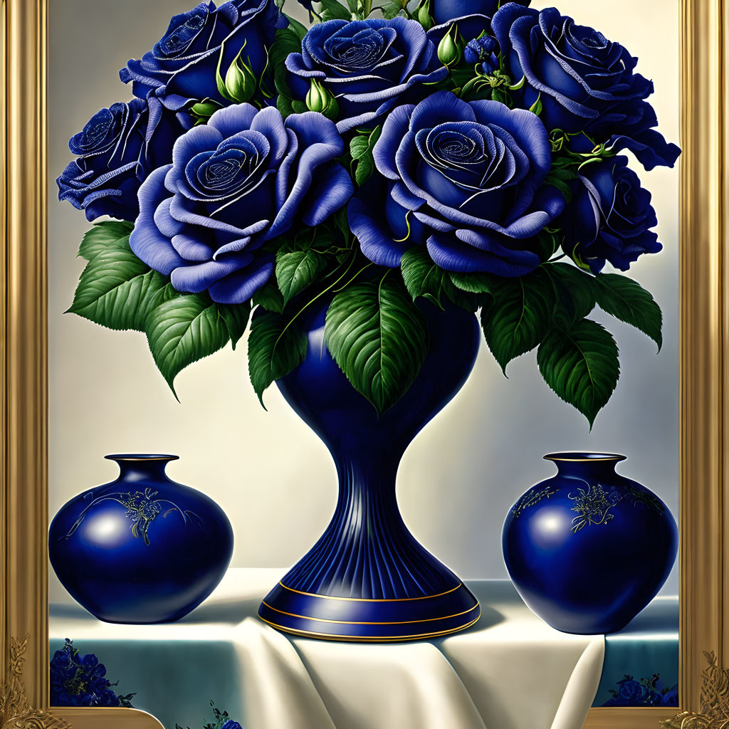 Blue roses in sleek vase with mirror reflection and flanked by smaller vases