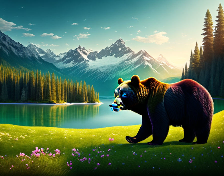 Colorful Bear Mask Illustration in Mountain Landscape