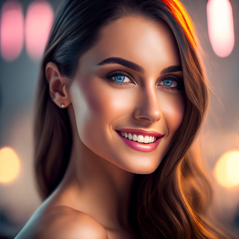 Young woman with blue eyes and brunette hair in softly lit setting