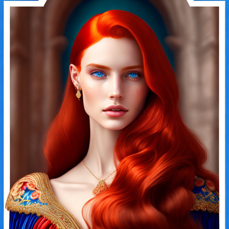 Digital artwork of woman with red hair, blue eyes, blue & gold dress against archway background