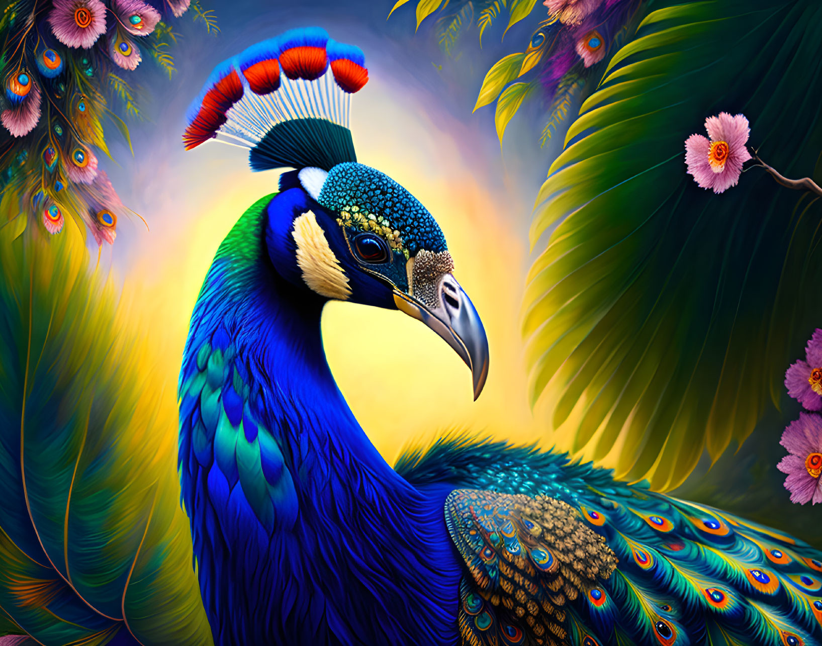 Colorful Peacock Illustration Among Exotic Foliage and Flowers