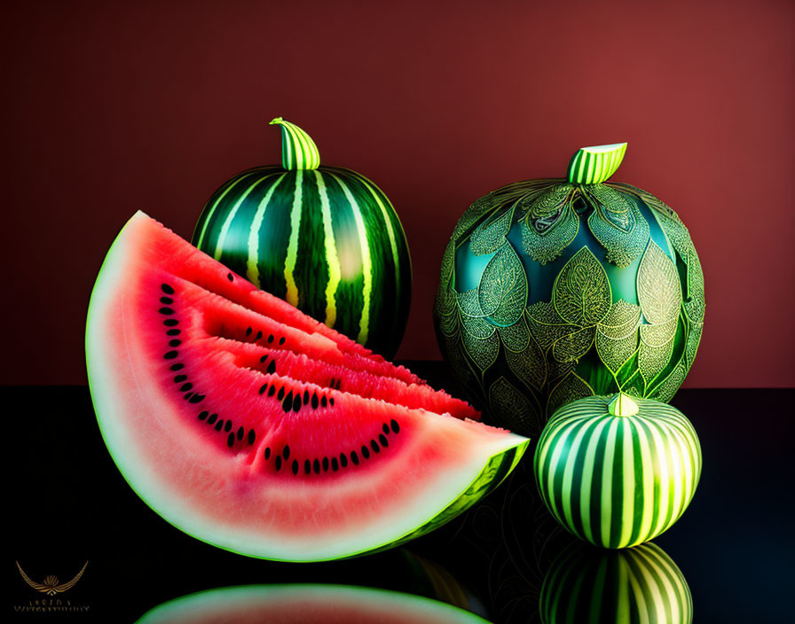 Three watermelon renditions on reflective surface: carved intricate design, striped, and juicy red flesh revealed