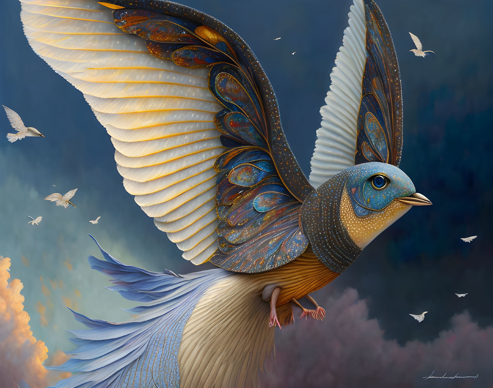 Detailed Illustration of Majestic Bird Flying in Dreamy Sky