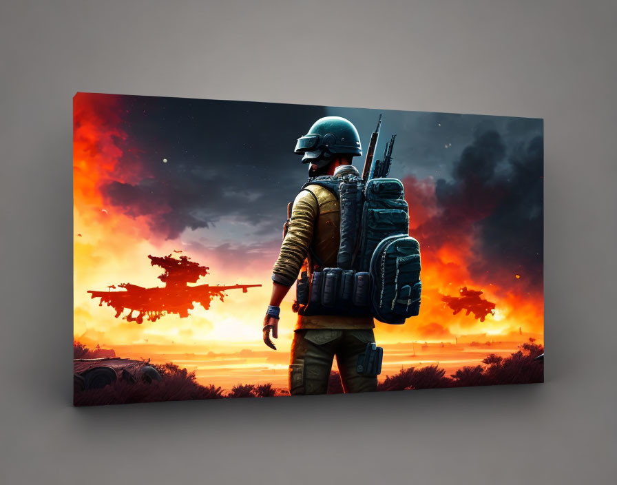 Soldier-themed canvas art with fiery sky and airborne troops