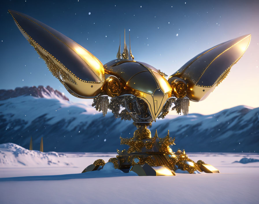 Golden spaceship lands on snowy landscape with mountains at twilight