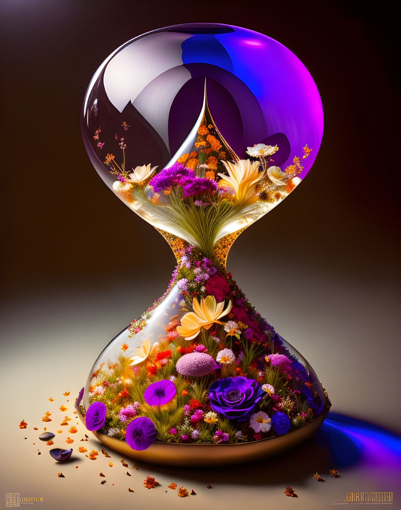 Vibrant flower-filled hourglass with surreal orange mountain