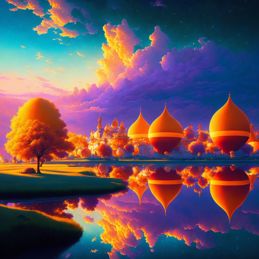 Colorful Fantasy Landscape with Reflective Water and Orange Trees