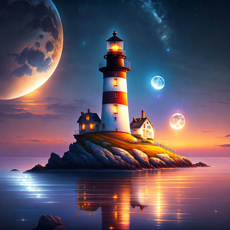 Lighthouse on island under starry sky with moon and celestial bodies