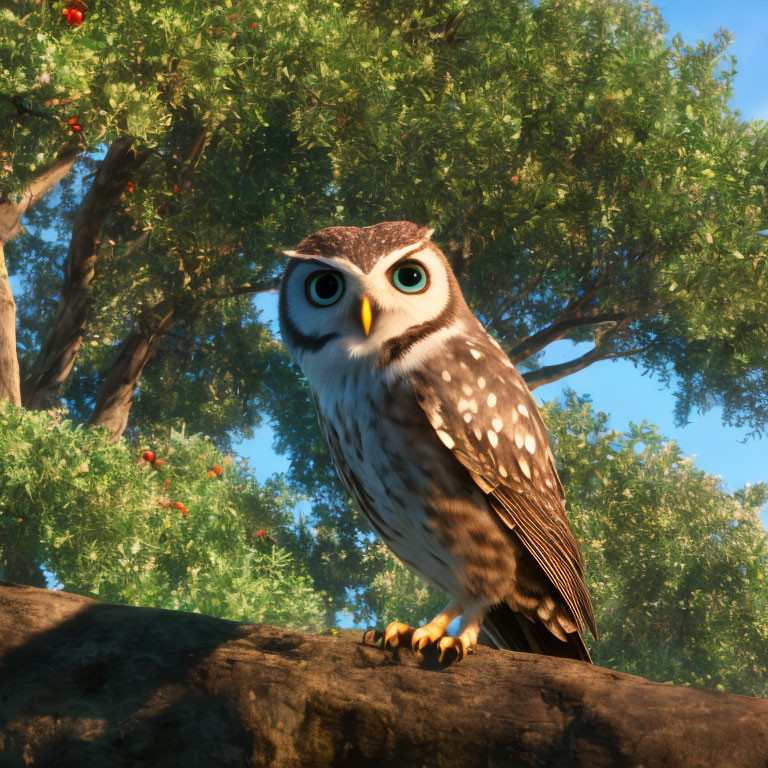 Bright-eyed animated owl perched on lush forest branch with apples in background