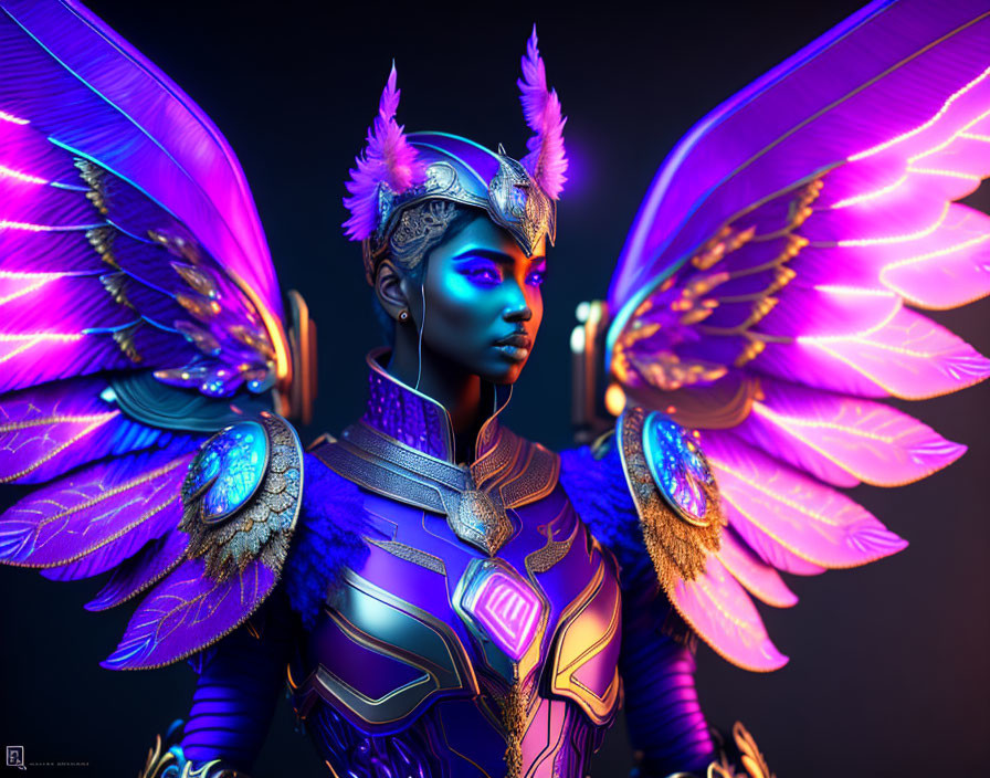 Character with Blue Skin, Pink Wings, Feathered Headdress, and Ornate Armor